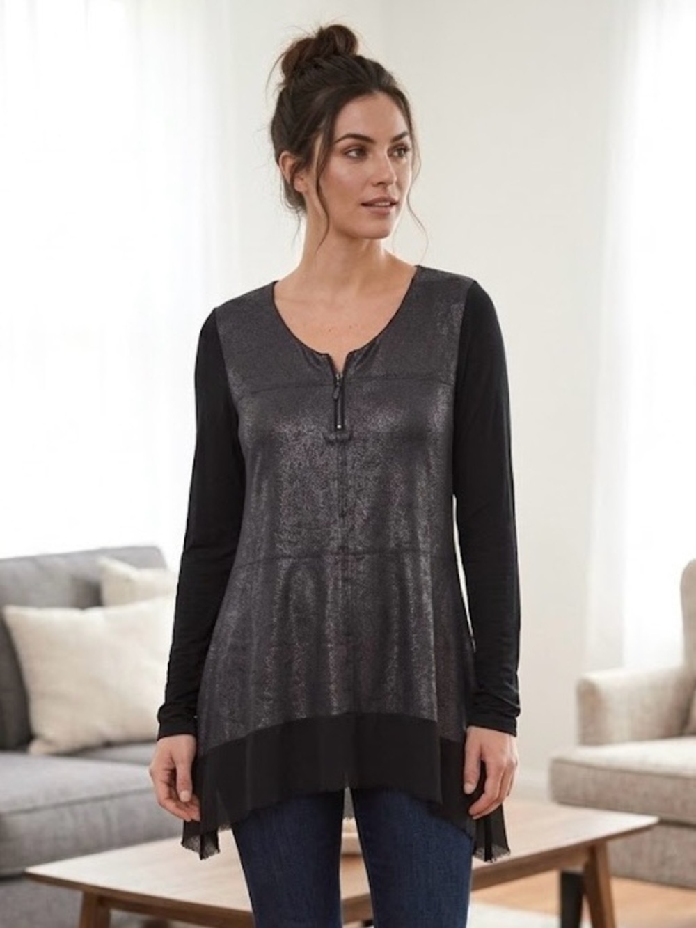 Patrizia Luca Italy Milano Metallic Faux Leather Zipper Tunic Sheer Detail Luxe